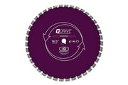 Purple circular saw blade with branding on a white background