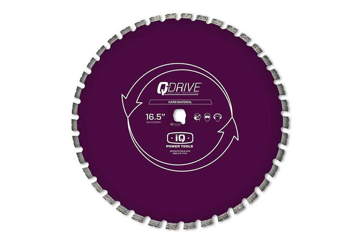 Purple circular saw blade with branding on a white background