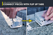 Product demonstration of connecting pieces with flip up tabs on a textured surface.