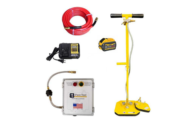 Pave Tool's ES T-Handle Batter Package D1 comes with the T-handle system and the battery pack along with the hose. This picks Natural stone, West Cast, Slabs, Pavers, T-Handle, 6x6 Pad, 10x10 Pad, Power Pack, 2 Batteries & 1 hour Quick Charge, 25' Hose, Quiet, No Compressor Needed, No bending Over, Suction Equipment