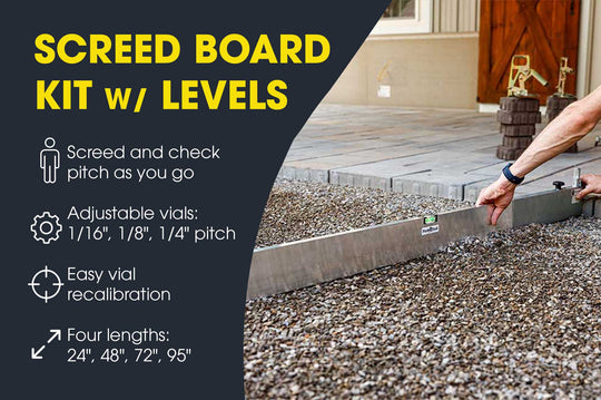  screed board kit with levels for concrete leveling, shown in use outdoors on a gravel surface next to a patio. The image features a dark gray graphic overlay on the left with product features and text, and a photo of a person's arm adjusting the screed board.