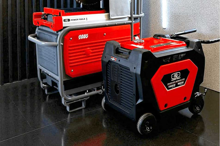 Two power generators, one red and one black, on a reflective surface.