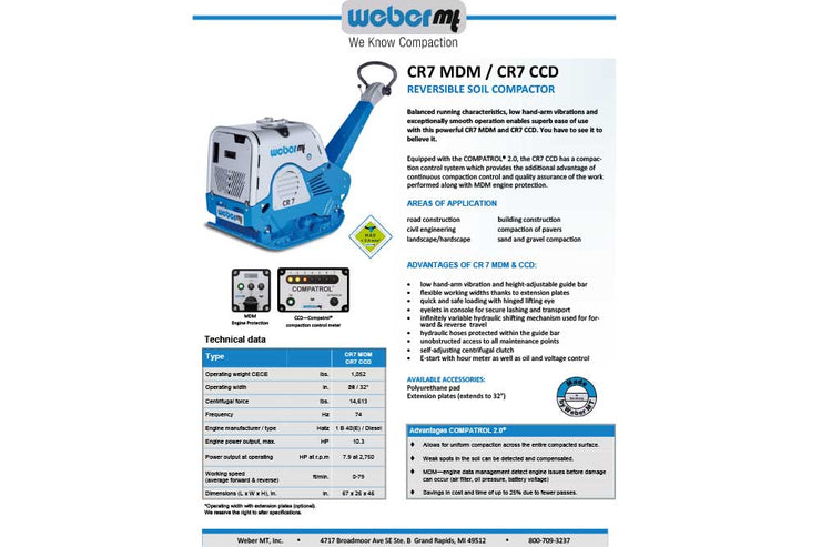 Weber MT CR7 Plate Compactor Technical Data Sheet