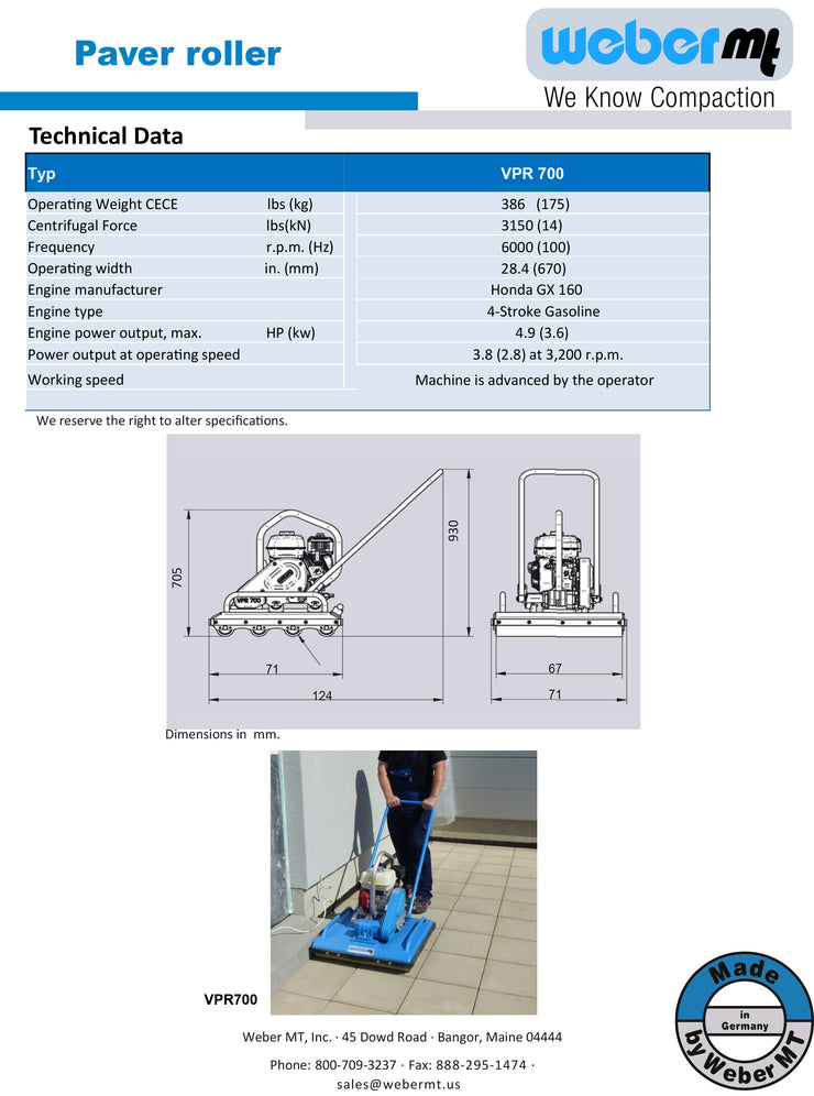 WeberMT VPR 700 Rolling Compactor Spec Sheet